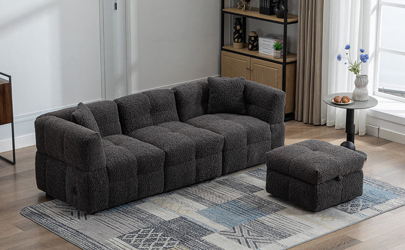 87.7" Sectional Sofa Cozy Teddy Fleece Fabric Sectional Sofa Couch with Two USB Ports a Movable Storage Ottoman and Two Lumbar Pillows for Living Room, Gray