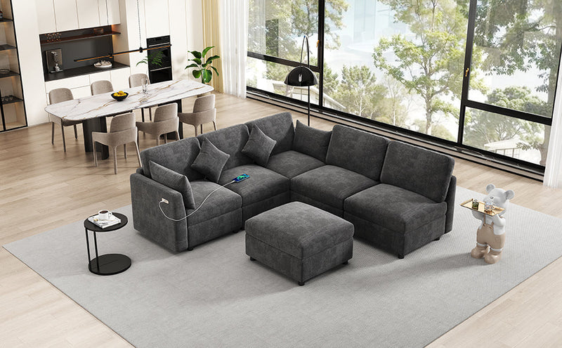 85.4' Sectional Sofa Modular Sofa U-shaped Sofa Couch Sofa Bed L-shaped Sofa with a Movable Ottoman and Two USB Ports for Living Room, Black