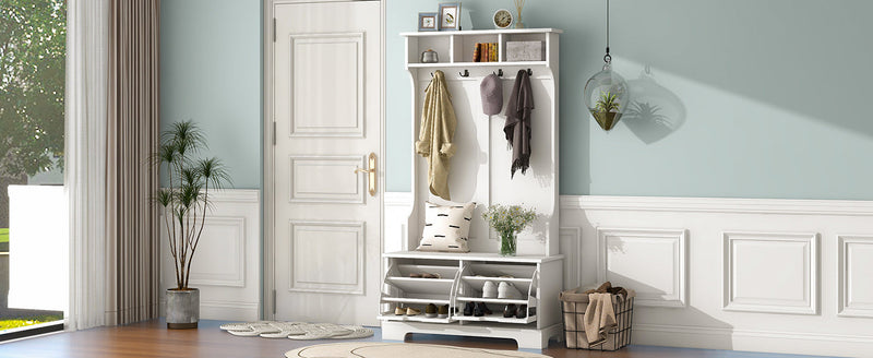 All in One Hall Tree with 3 Top Shelves and 2 Flip Shoe Storage Drawers, Wood Hallway Organizer with Storage Bench and Metal Hanging Hooks, White