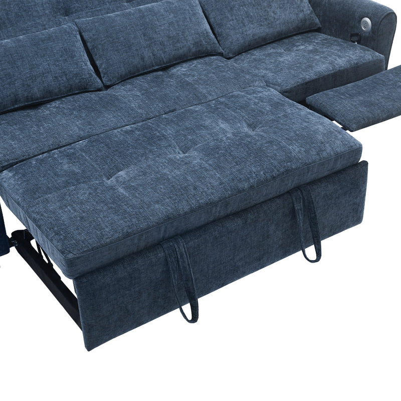 2-in-1 Sofa 82' Three-seater Sofa with Sofa Bed and Reversible Recliner, Blue Chenille