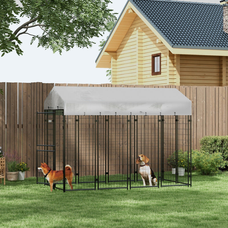 7.8' x 6' Dog Kennel Outdoor with Waterproof Cover, Dog Playpen for Extra Large Dogs with Two Part Door Design, Silver