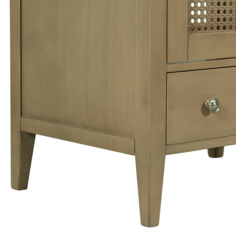 24" Bathroom Vanity with Ceramic Basin, Rattan Bathroom Storage Cabinet with Two Doors and Drawer, Solid Frame, Natural