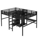 Twin Over Twin Metal Loft Bed with Double Desk and Wardrobe and Shelves with Electrical Outlet for Space Saving and Noise Reduction,Black