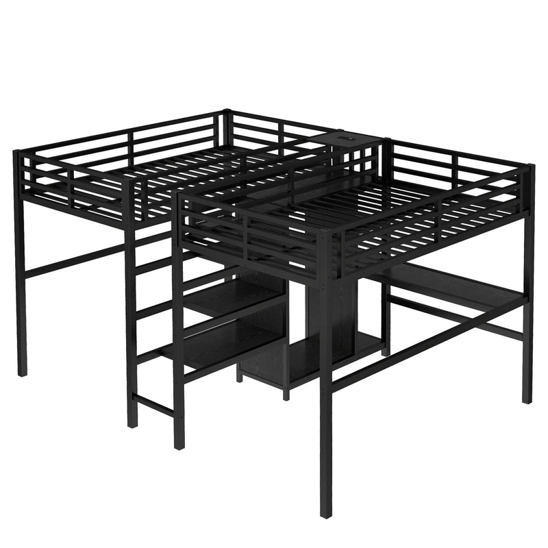 Twin Over Twin Metal Loft Bed with Double Desk and Wardrobe and Shelves with Electrical Outlet for Space Saving and Noise Reduction,Black