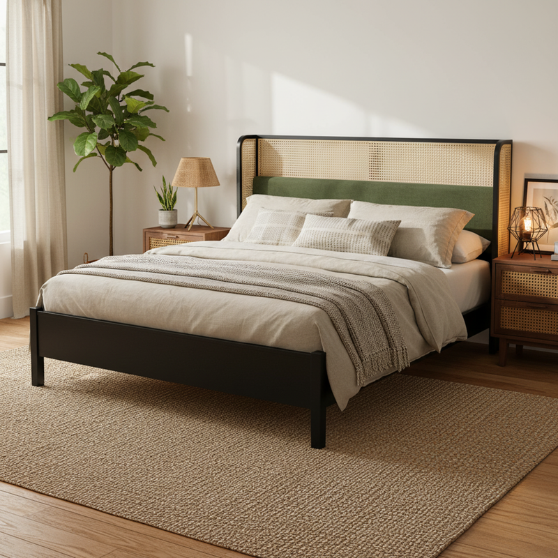 King Size Bed Frame with Black Frame and Green Upholstered Headboard, photo 3 of 10