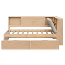 Twin L - Shaped Daybed With Storage Bookcase, Upholstered Headboard, USB Charging Ports & Hidden Drawers - Natural by HouseOfZazla