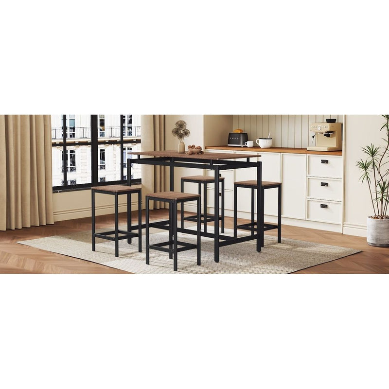 5-Piece Compact Bar Table Set with Table and Stools - Modern Industrial Design, Space-Saving Furniture for Dining Room and Breakfast Nook (Dark Brown)