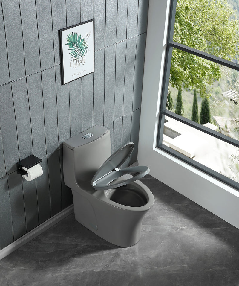 15 1/8 Inch 1.1/1.6 GPF Dual Flush 1-Piece Elongated Toilet with Soft-Close Seat - Light Grey