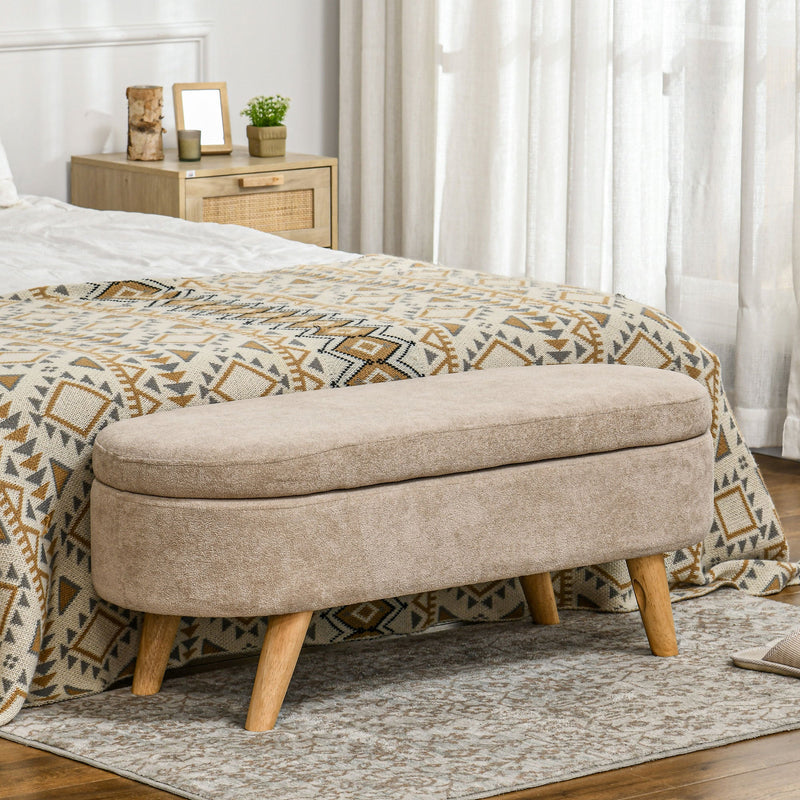 Walker Edison - Storage Ottoman Bench, 43.3" Teddy Fleece Upholstered End of Bed Bench with Wood Legs and Padded Seat, Oval Modern Entryway Bench, Beige