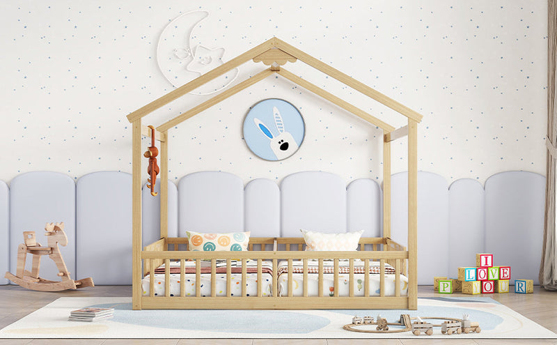 Double Twin House-Style Floor Bed with Fence, Guardrails, without door, Natural(Old Sku:W504P143318)