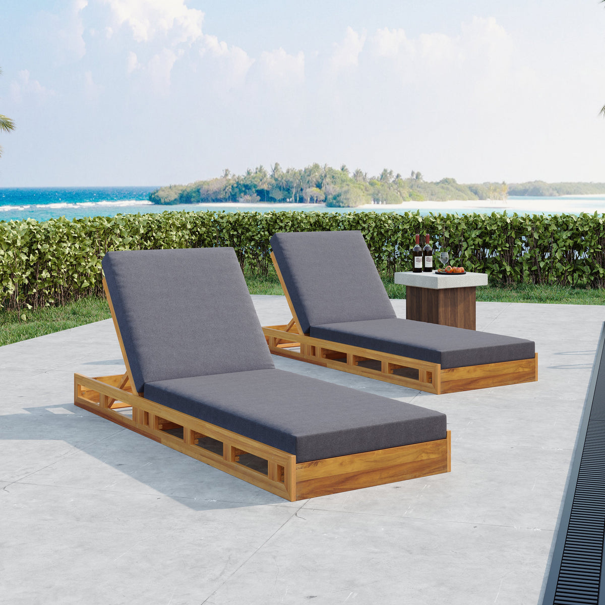 Lounge Chaise Set - Acacia Wood with Water-Resistant Cushions, photo 5 of 10