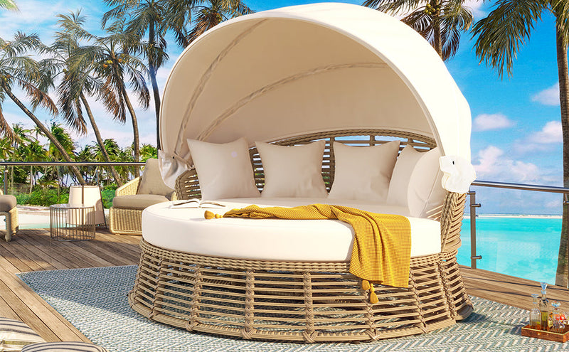 Outdoor Patio Rattan Round Daybed with Retractable Canopy, photo 7 of 10