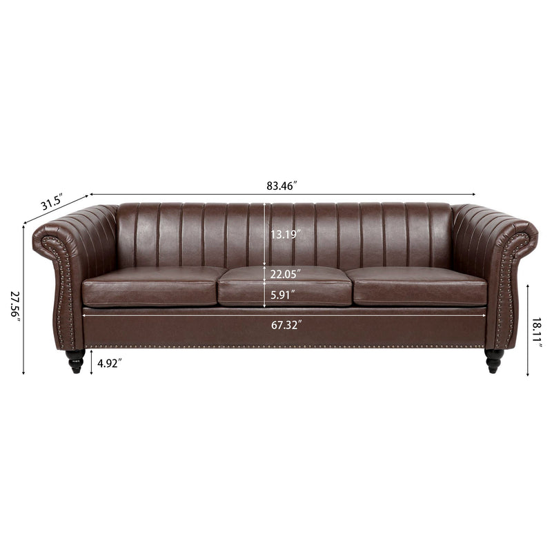 83.46" Brown PU Rolled Arm Chesterfield Three Seater Sofa.