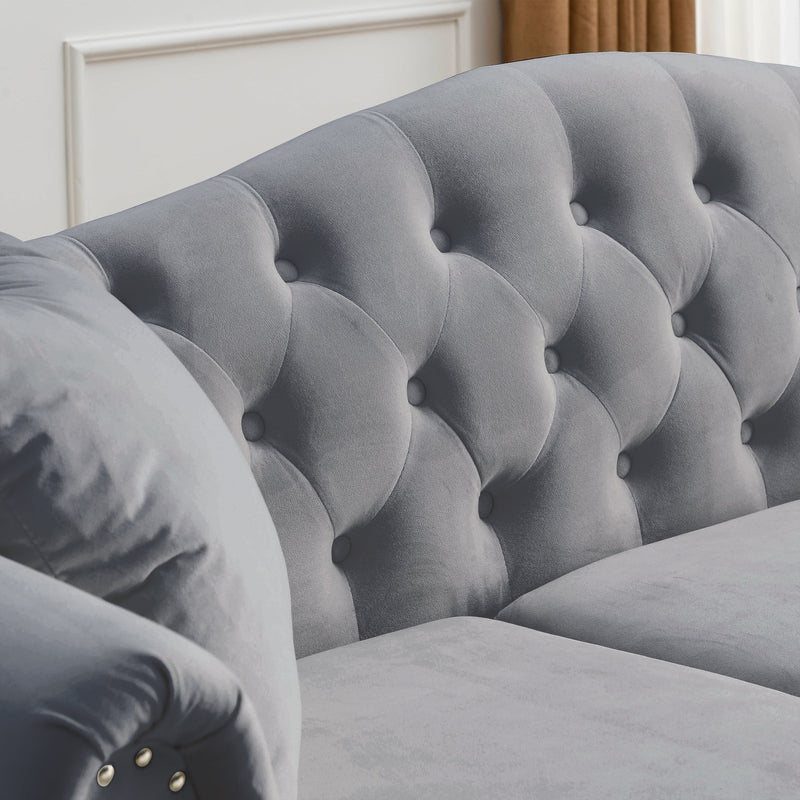 79" Chesterfield Sofa Grey Velvet for Living Room, 3 Seater Sofa Tufted Couch with Rolled Arms and Nailhead for Living Room, Bedroom, Office, Apartment, two pillows