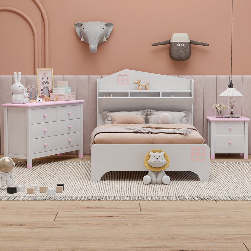 3-Pieces Bedroom Sets Twin Size House Bed with Storage Headboard, Wooden Nightstand and Storage Dresser,White