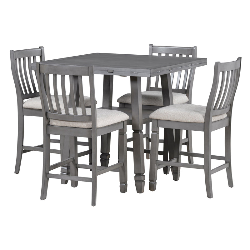 5-Piece Counter Height Dining Table Set in 2 Table Sizes with 4 Folding Leaves and 4 Upholstered Chairs for Dining Room (Gray+Beige Cushion)