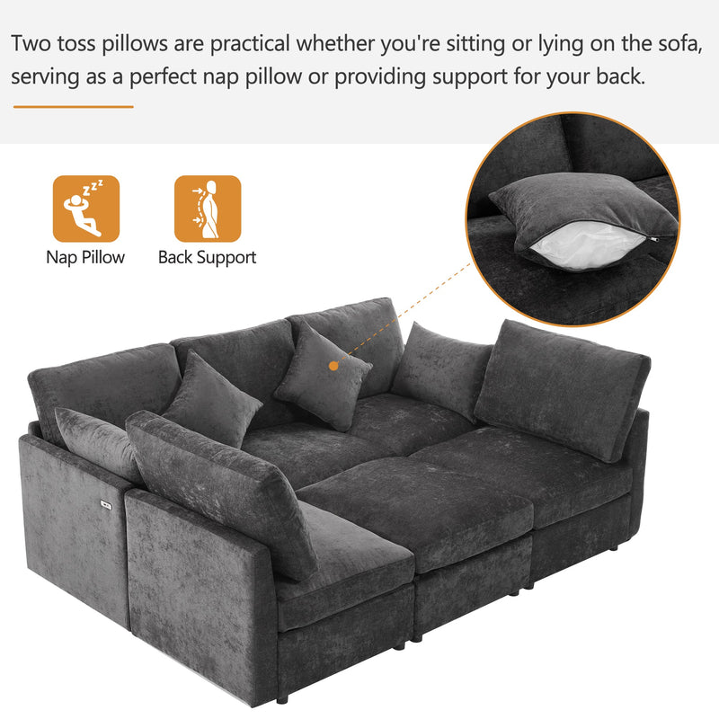 85.4' Sectional Sofa Modular Sofa U-shaped Sofa Couch Sofa Bed L-shaped Sofa with a Movable Ottoman and Two USB Ports for Living Room, Black