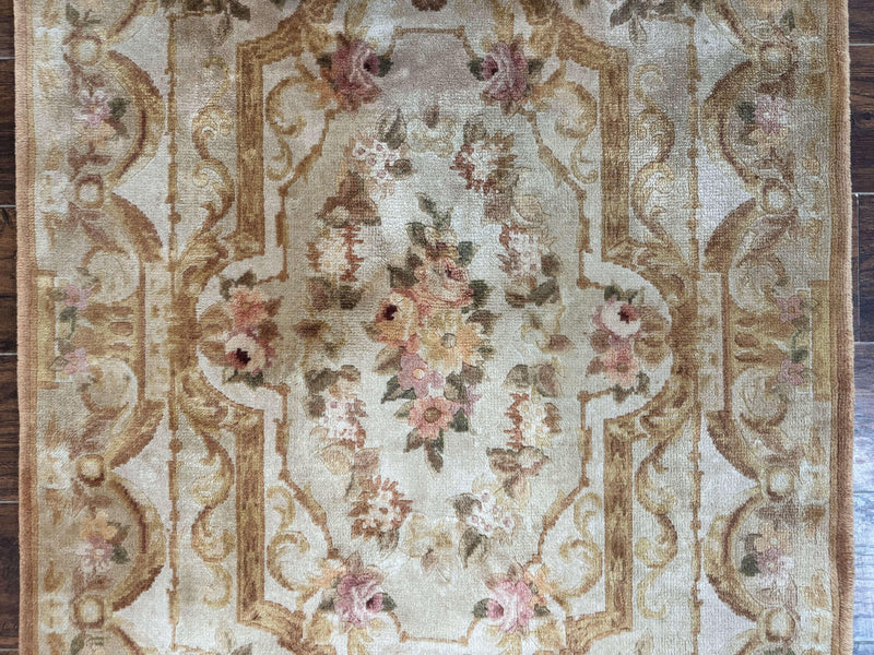Chinese Aubusson Rug 3.6 x 5, Beige and Gold, Handmade Vintage Elegant European Design Carpet, Plush Wool, Handmade
