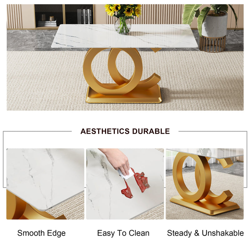 A modern minimalist rectangular dining table suitable for 6-8 people, a set of 6-piece PU leather backrest and gold metal legs modern dining chairs. F-OC