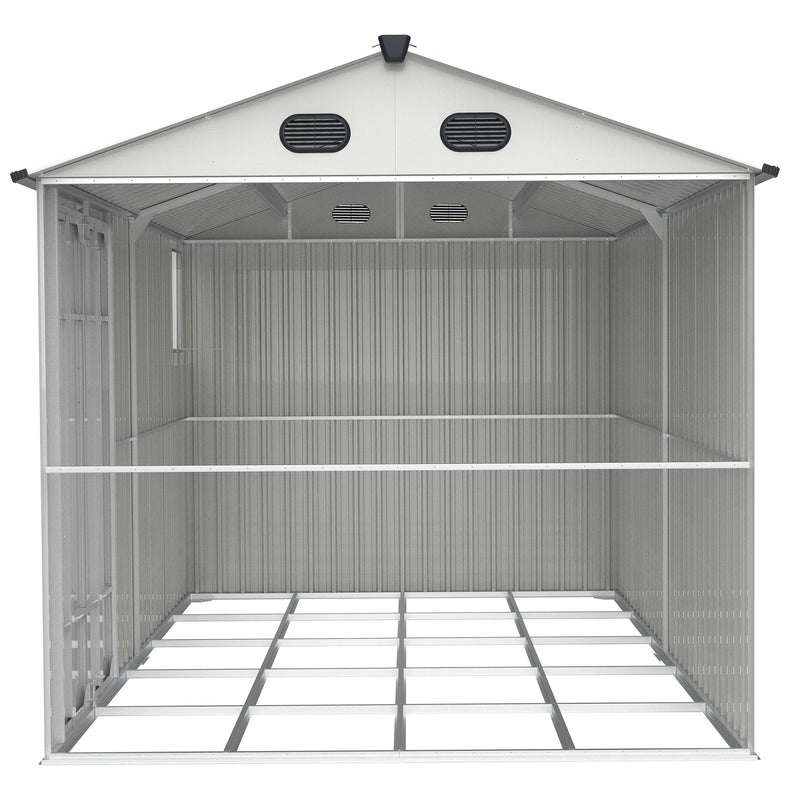 8x12 Ft Metal Outdoor Storage Shed with Window, Floor Base, Air Vents and Double Hinged Door