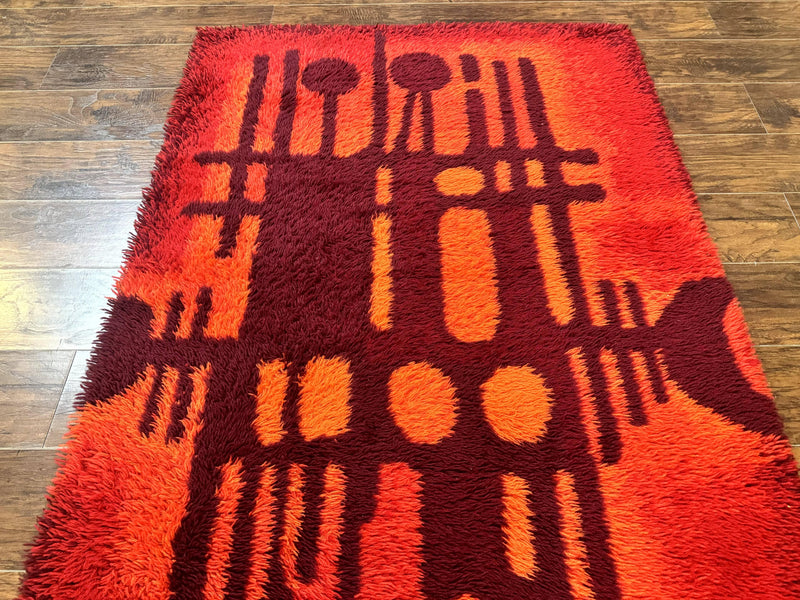 Danish Rya Shag Rug 4x6, Red Vintage Mid Century Retro Abstract Shag Rug