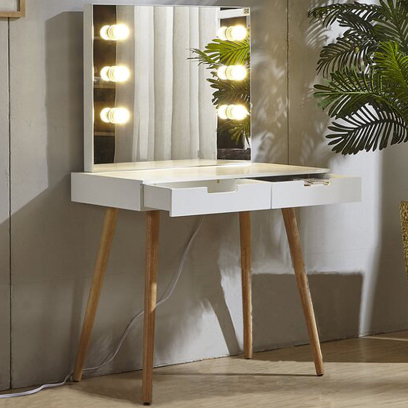 Walker Edison - Wooden Vanity Table Makeup Dressing Desk with LED Light,dressing table with USB port,White