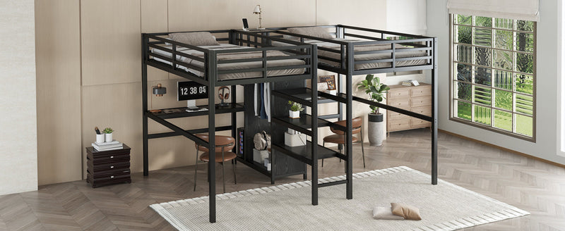 Twin Over Twin Metal Loft Bed with Double Desk and Wardrobe and Shelves with Electrical Outlet for Space Saving and Noise Reduction,Black