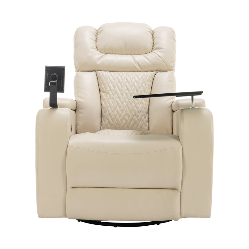270 Degree Swivel PU Leather Power Recliner Individual Seat Home Theater Recliner with Comforable Backrest, Tray Table, Phone Holder, Cup Holder, USB Port, Hidden Arm Storage for Living Room, White