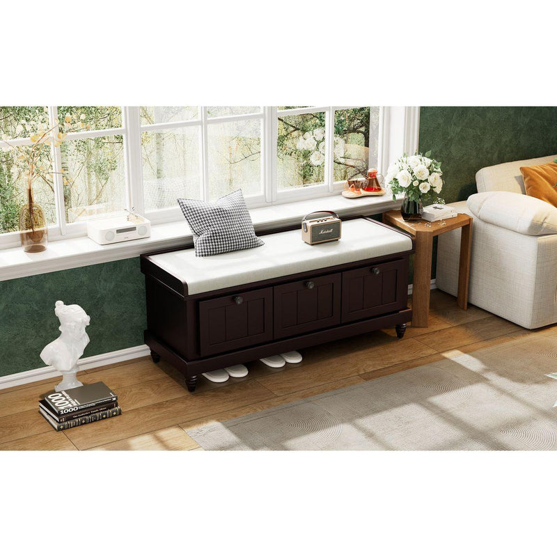 TREXM Classic Shoe Bench with Cushion and Three Drawers, Fluted Entryway Bench with Storage for Living Room, Entryway, and Hallways (Espresso)