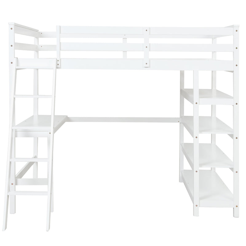 Loft Bed Full with desk,ladder,shelves, White