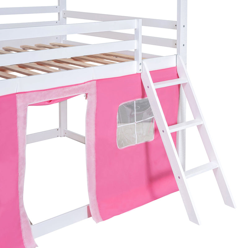 Full Size Bunk Wood House Bed with Elegant Windows, Sills and Tent, Pink+White