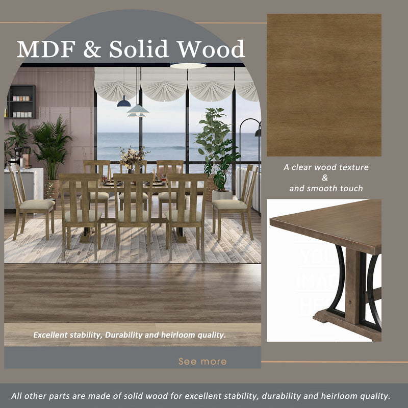 9-Piece Retro Style Dining Table Set 78" Wood Rectangular Table and 8 Dining Chairs for Dining Room (Natural Walnut)