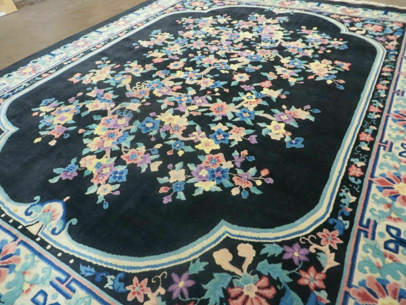 8' x 10' Vintage Handmade Art Deco Plush Chinese Wool Rug center Flower Black