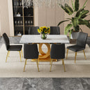 A modern minimalist rectangular dining table suitable for 6-8 people, a set of 6-piece PU leather backrest and gold metal legs modern dining chairs. F-OC