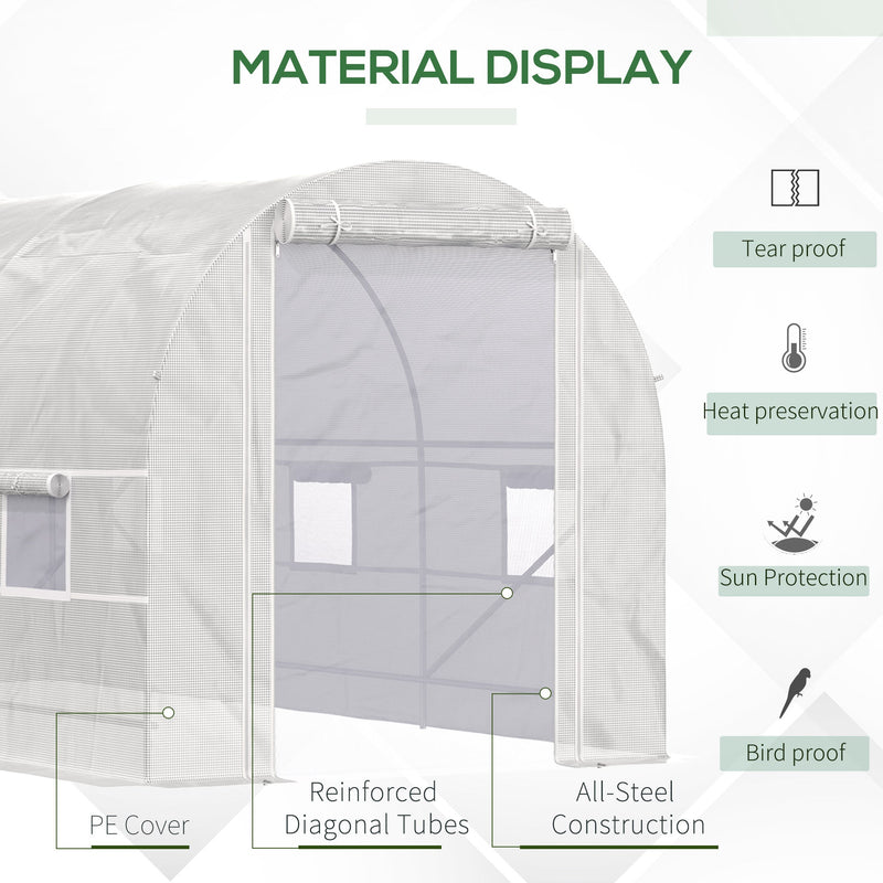 15' x 7' x 7' Walk-In Tunnel Greenhouse, Large Garden Hot House Kit with 6 Roll-up Windows & Roll Up Door, Steel Frame, White