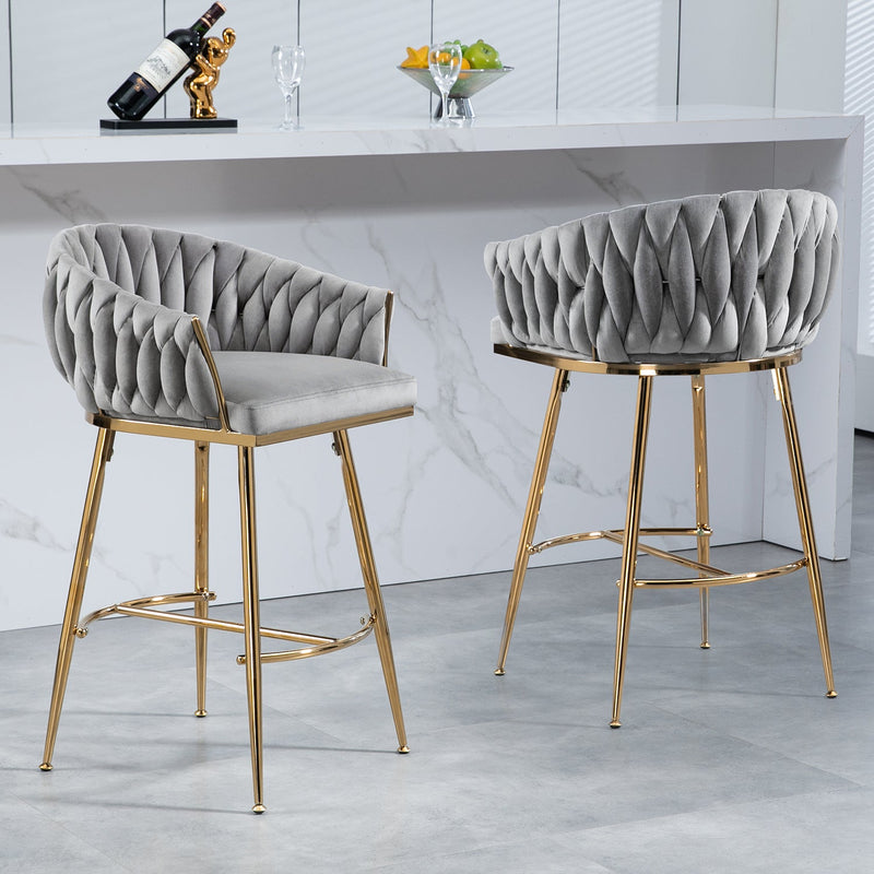 26" Counter height bar stools Set of 2,velvet kitchen island counter bar stool with hand- wave back,golden chromed base and foot rest(GREY)