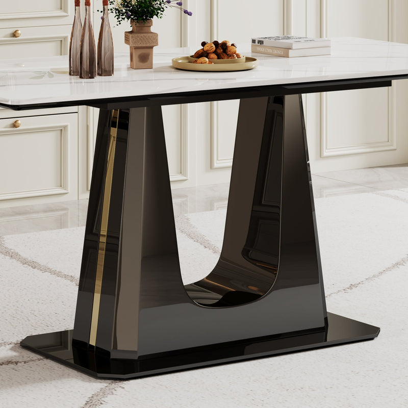 0.47" Thick Sintered Stone Composite Tempered Glass Top Rectangular Dining Table with Black Stainless Steel Base