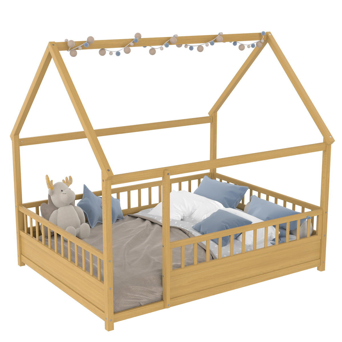 Full Size Wooden Bed with House Roof Frame, photo 5 of 10