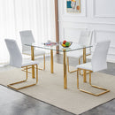 A modern minimalist style glass dining table. Transparent tempered glass tabletop with a thickness of 0.3 feet and golden metal legs. Suitable for restaurants and living rooms. 51"x31.4"x29.5"