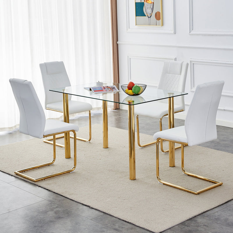 A modern minimalist style glass dining table. Transparent tempered glass tabletop with a thickness of 0.3 feet and golden metal legs. Suitable for restaurants and living rooms. 51"x31.4"x29.5"