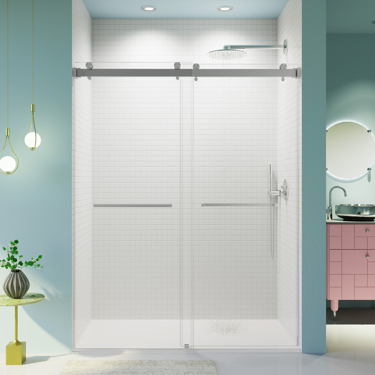 Frameless Double Sliding Shower Door In, Thick Tempered Glass, Reversible Installation, photo 12 of 16