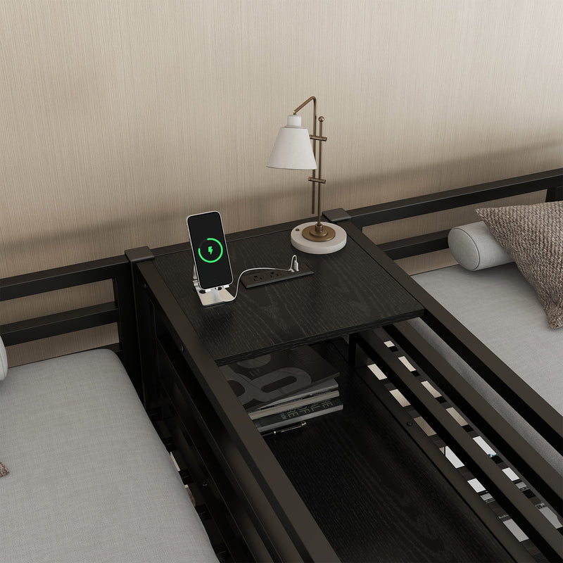 Twin Over Twin Metal Loft Bed with Double Desk and Wardrobe and Shelves with Electrical Outlet for Space Saving and Noise Reduction,Black