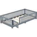 Twin Size Bed Floor Bed with Safety Guardrails and Door for Kids, Gray
