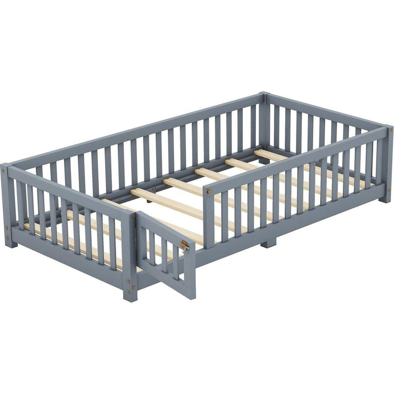 Twin Size Bed Floor Bed with Safety Guardrails and Door for Kids, Gray