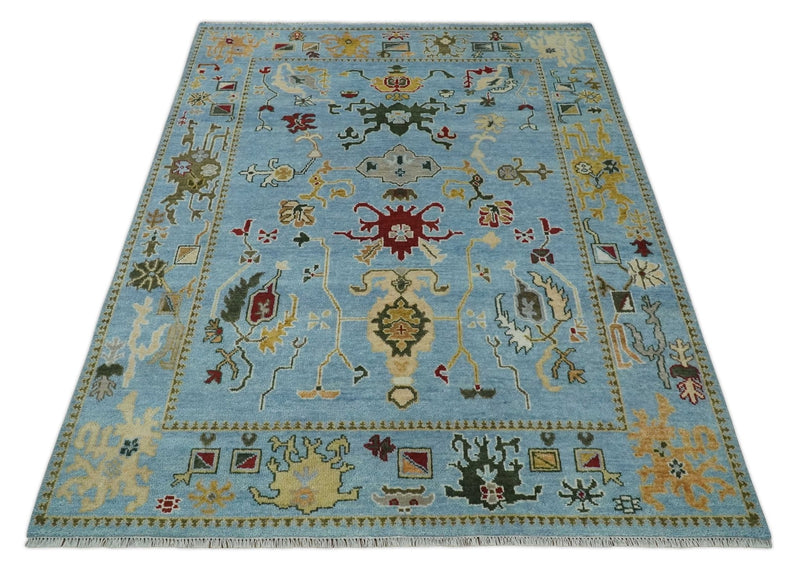 7.7x9.9 hand knotted Blue Vibrant Colorful Traditional Oushak Rug