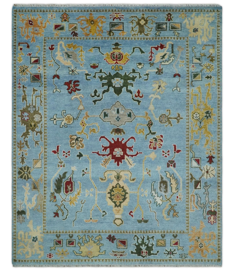 7.7x9.9 hand knotted Blue Vibrant Colorful Traditional Oushak Rug