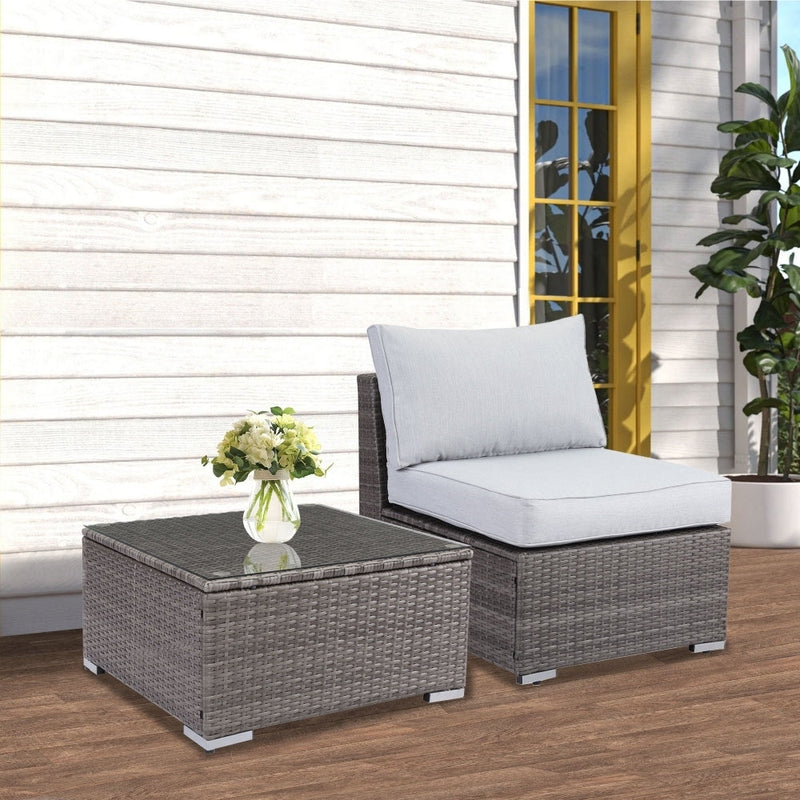 2 Piece Light Grey Sofa Small Armless Single Rattan Sofa Couch Set With Small Couch Table