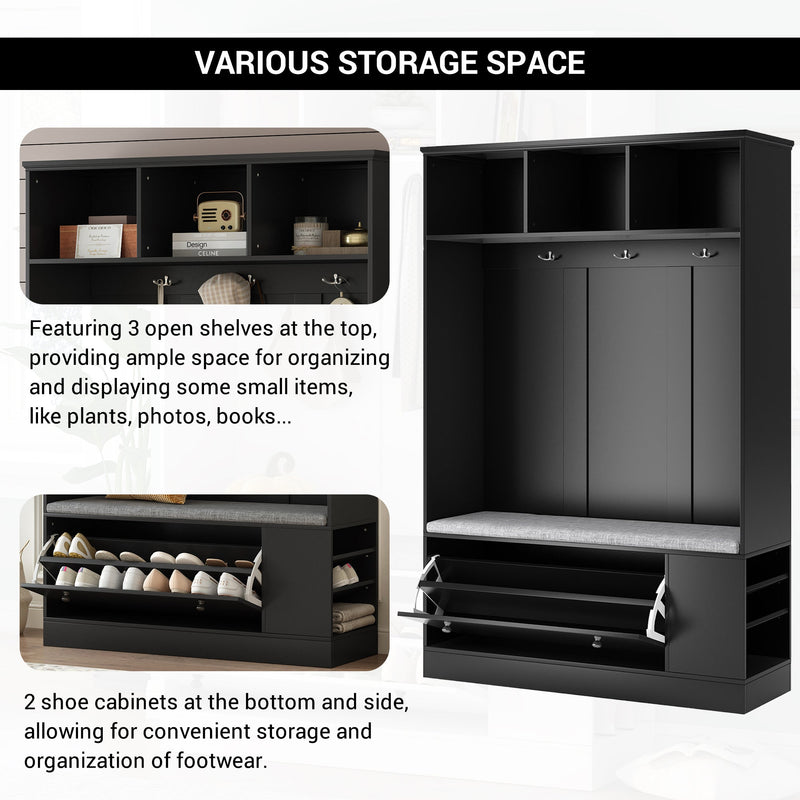 5-in-1 Entryway Bench with Coat Rack, Cushion and 3 Sturdy Hooks, 47.2" Wide Hall Tree with Shoe Storage Bench for Hallway, Entryway, Living Room