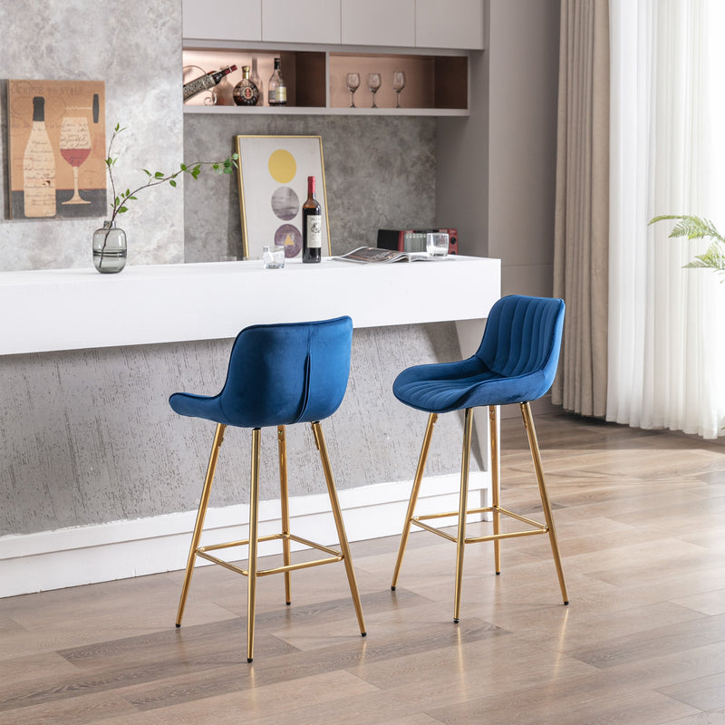 26 Inch Set of 2 Bar Stools, with Steel Frame Footrest Velvet Fabric Golden Leg Simple Bar Stool, BLUE