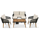 6-Piece Rope Patio Furniture Set, Outdoor Furniture with Acacia Wood Cool Bar Table with Ice Bucket, Deep Seat Patio Conversation Set with Two Stools for Backyard Porch Balcony (Black & Beige)
